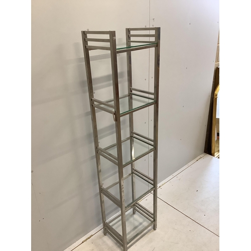 1122 - A chrome and glass five tier display unit, width 40cm, depth 30cm, height 176cm. Condition - fair... 