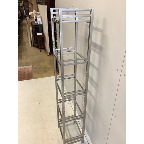 1122 - A chrome and glass five tier display unit, width 40cm, depth 30cm, height 176cm. Condition - fair... 