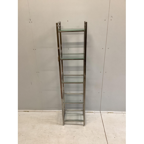 1122 - A chrome and glass five tier display unit, width 40cm, depth 30cm, height 176cm. Condition - fair... 