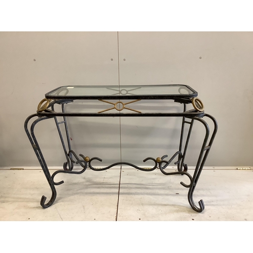 1125 - A pair of wrought iron glass top tables, width 106cm, depth 58cm, height 71cm. Condition - fair... 