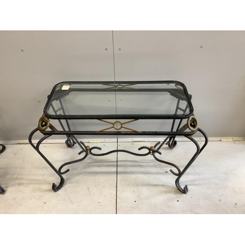 1125 - A pair of wrought iron glass top tables, width 106cm, depth 58cm, height 71cm. Condition - fair... 