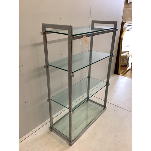 1126 - A chrome and glass four tier shelf unit, width 86cm, depth 38cm, height 130cm. Condition - fair... 