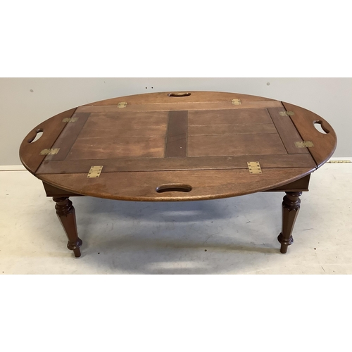 1128 - A reproduction mahogany butler's tray on stand, width 95cm, depth 54cm, height 58cm. Condition - fai... 