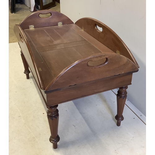 1128 - A reproduction mahogany butler's tray on stand, width 95cm, depth 54cm, height 58cm. Condition - fai... 