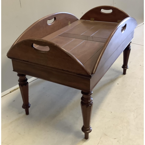 1128 - A reproduction mahogany butler's tray on stand, width 95cm, depth 54cm, height 58cm. Condition - fai... 