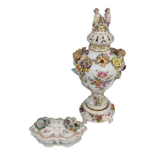 1303 - A Dresden floral encrusted porcelain incense burner hand painted with figures annd flowers, together... 