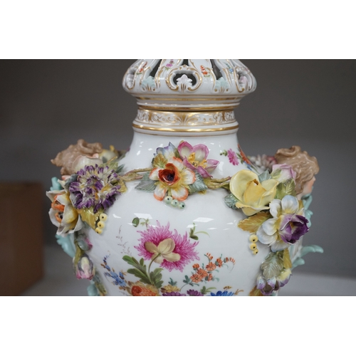 1303 - A Dresden floral encrusted porcelain incense burner hand painted with figures annd flowers, together... 