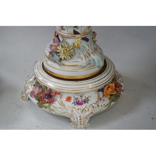 1303 - A Dresden floral encrusted porcelain incense burner hand painted with figures annd flowers, together... 