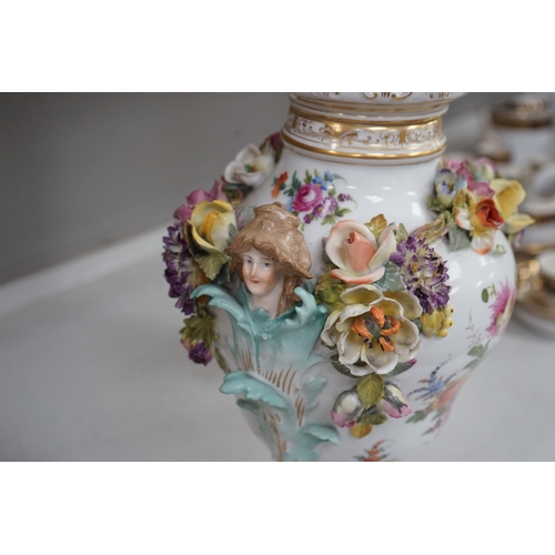 1303 - A Dresden floral encrusted porcelain incense burner hand painted with figures annd flowers, together... 