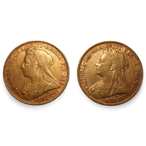 1435 - British gold coins, Victoria, two gold sovereigns, veiled head, 1894, VF and 1896, near VF