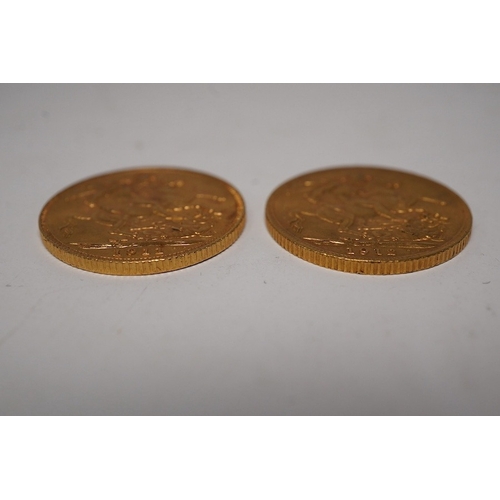 1449 - British gold coins, George V, two gold sovereigns, 1911, about UNC and 1912, EF