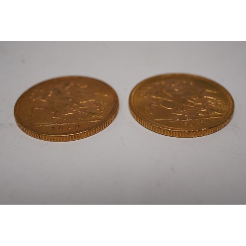 1453 - South Africa gold coins, George V, two gold sovereigns, both 1929SA, about EF, and the other probabl... 