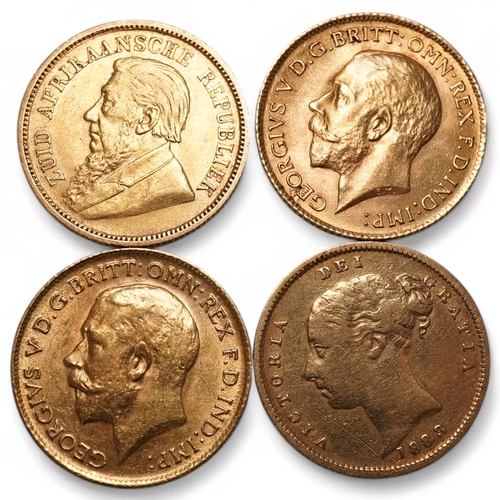 1454 - Gold coins, two George V gold half sovereigns, good VF, a Victoria gold half sovereign, 1883, fine, ... 