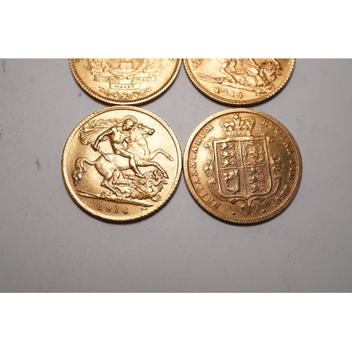 1454 - Gold coins, two George V gold half sovereigns, good VF, a Victoria gold half sovereign, 1883, fine, ... 