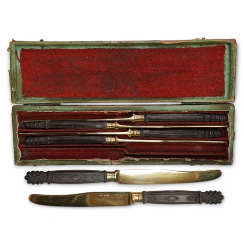 1838 - An early to mid 20th century Austrian boxed set of six carved wood handled 800 standard gilt white m... 