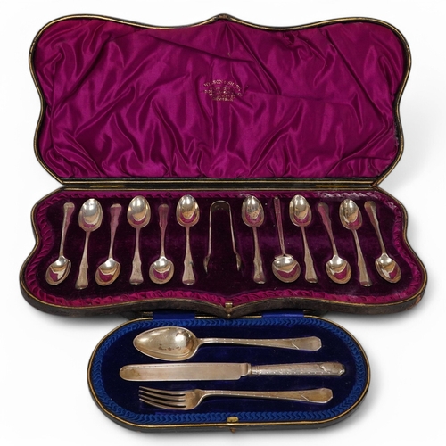 1841 - A cased Edwardian silver Christening trio, by Henry Wigful, Sheffield, 1909 and a cased set of eleve... 