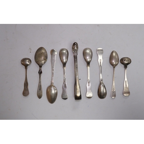 1842 - Five assorted 19th century Scottish silver condiment spoons, various dates and makers, a pair of Geo... 