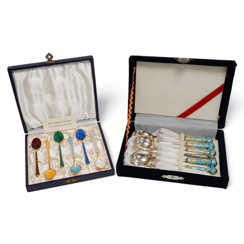 1846 - A mid 20th century cased set of six Danish gilt sterling and polychrome enamel coffee spoons, by Ego... 