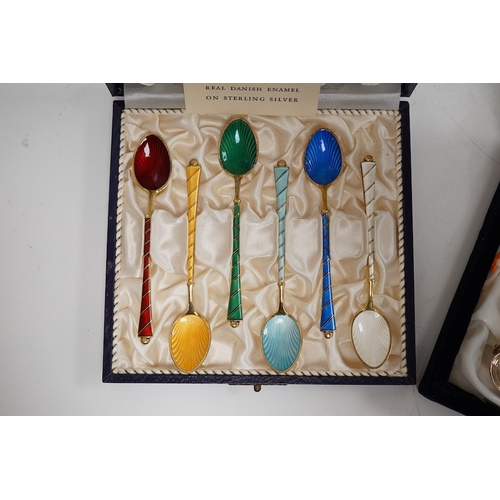 1846 - A mid 20th century cased set of six Danish gilt sterling and polychrome enamel coffee spoons, by Ego... 