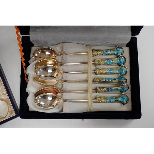 1846 - A mid 20th century cased set of six Danish gilt sterling and polychrome enamel coffee spoons, by Ego... 