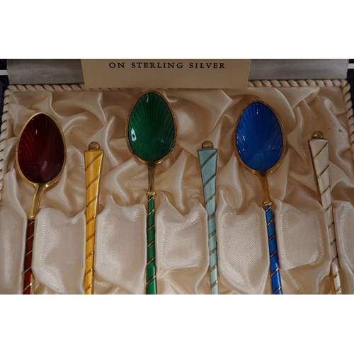 1846 - A mid 20th century cased set of six Danish gilt sterling and polychrome enamel coffee spoons, by Ego... 