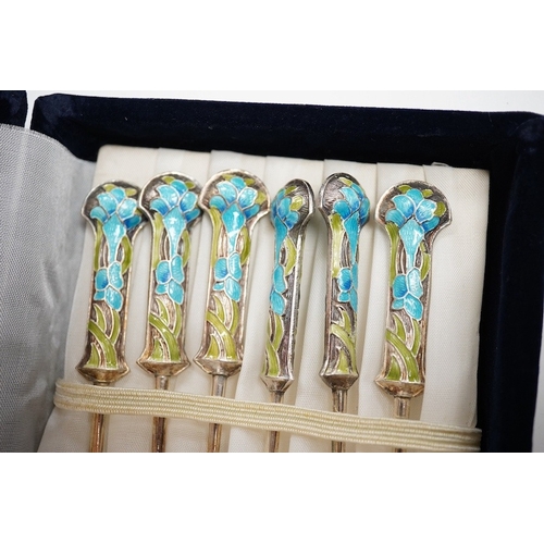 1846 - A mid 20th century cased set of six Danish gilt sterling and polychrome enamel coffee spoons, by Ego... 