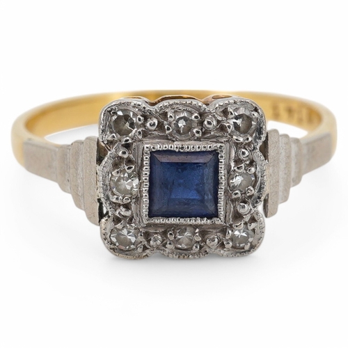 1931 - A 1920's 18ct and plat. sapphire and diamond set square cluster ring, size M, gross weight 2.5 grams... 