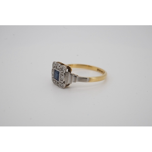 1931 - A 1920's 18ct and plat. sapphire and diamond set square cluster ring, size M, gross weight 2.5 grams... 