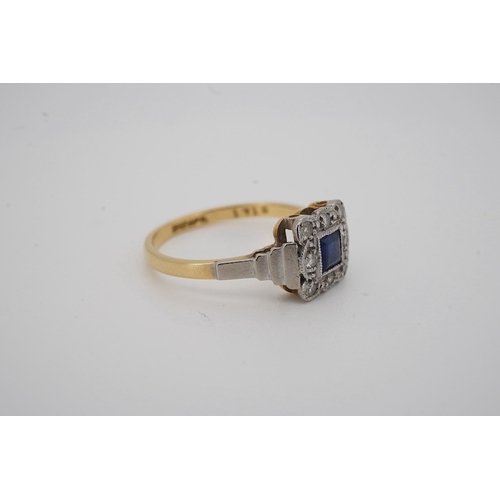 1931 - A 1920's 18ct and plat. sapphire and diamond set square cluster ring, size M, gross weight 2.5 grams... 