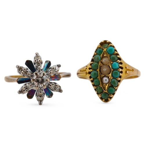 1935 - A Victorian 15ct gold, turquoise and seed pearl set marquise shaped ring, size N, together with an 1... 