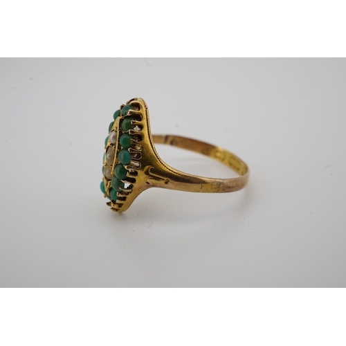 1935 - A Victorian 15ct gold, turquoise and seed pearl set marquise shaped ring, size N, together with an 1... 