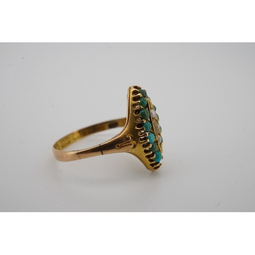 1935 - A Victorian 15ct gold, turquoise and seed pearl set marquise shaped ring, size N, together with an 1... 