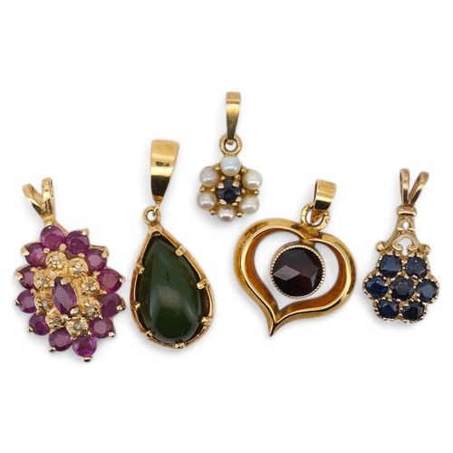 1937 - A modern 9ct gold and pear shaped nephrite set pendant, overall 25mm, a similar 9ct gold and garnet ... 