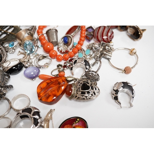 1938 - A quantity of assorted silver and costume jewellery including a Georg Jensen style brooch, a graduat... 