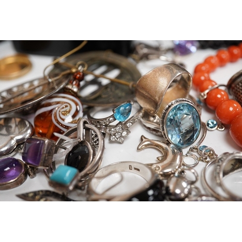 1938 - A quantity of assorted silver and costume jewellery including a Georg Jensen style brooch, a graduat... 