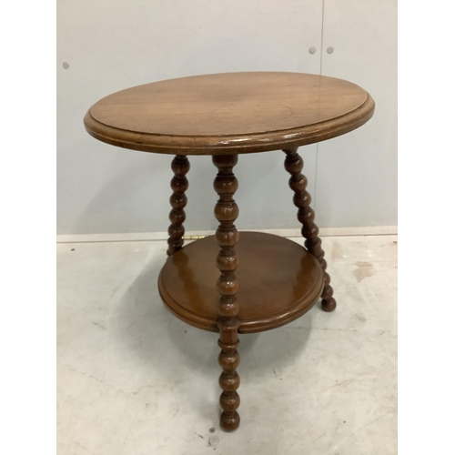 103 - An Edwardian oval mahogany inlaid tea tray, width 55cm, and a late Victorian bobbin turned circular ... 