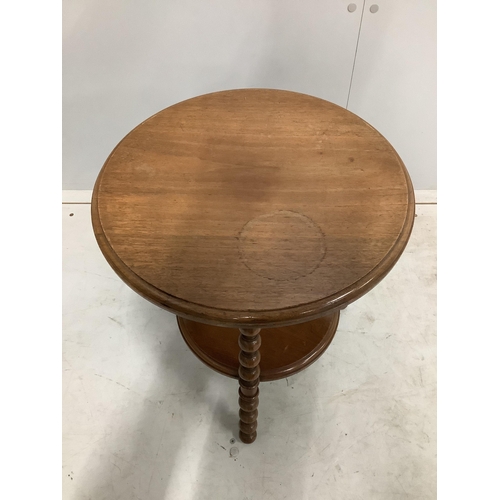 103 - An Edwardian oval mahogany inlaid tea tray, width 55cm, and a late Victorian bobbin turned circular ... 