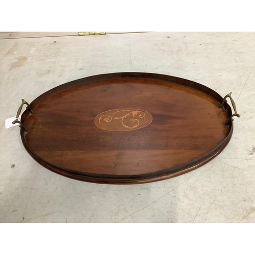 103 - An Edwardian oval mahogany inlaid tea tray, width 55cm, and a late Victorian bobbin turned circular ... 