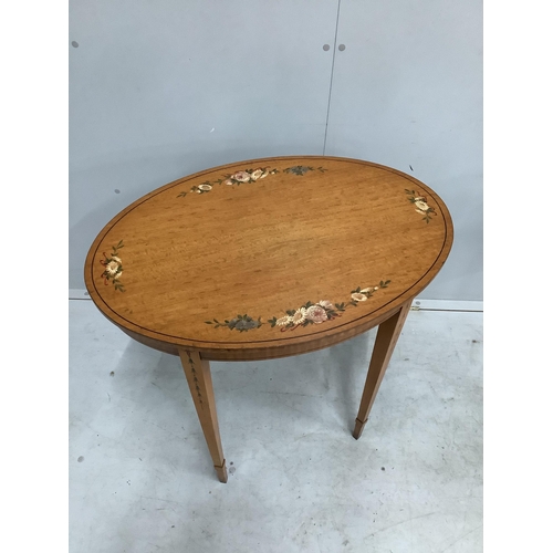 109 - A pair of reproduction Sheraton style painted oval satinwood occasional tables, width 74cm, depth 52... 