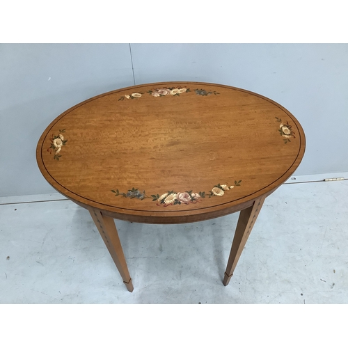 109 - A pair of reproduction Sheraton style painted oval satinwood occasional tables, width 74cm, depth 52... 