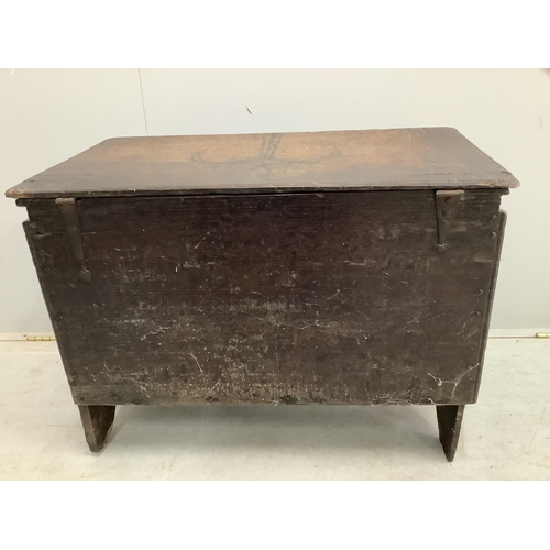 110 - A small 17th / 18th century boarded oak coffer, width 70cm, depth 38cm, height 54cm. Condition - fai... 