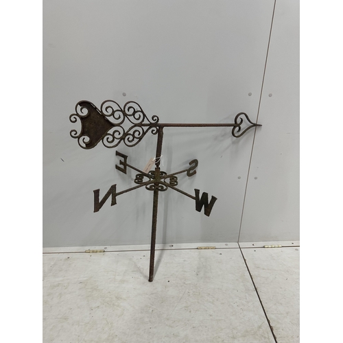 147 - A wrought iron weather vane, height 90cm. Condition - poor to fair