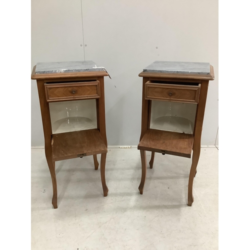 153 - A pair of French marble top walnut bedside cabinets, width 38cm, depth 38cm, height 85cm. Condition ... 