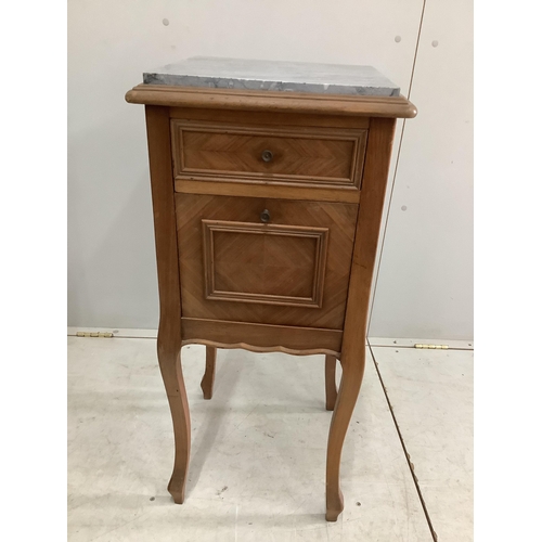 153 - A pair of French marble top walnut bedside cabinets, width 38cm, depth 38cm, height 85cm. Condition ... 