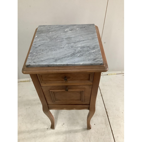 153 - A pair of French marble top walnut bedside cabinets, width 38cm, depth 38cm, height 85cm. Condition ... 