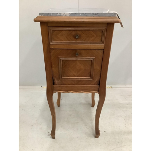 153 - A pair of French marble top walnut bedside cabinets, width 38cm, depth 38cm, height 85cm. Condition ... 