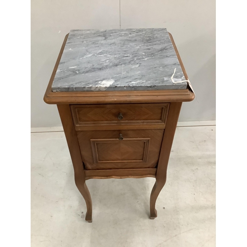 153 - A pair of French marble top walnut bedside cabinets, width 38cm, depth 38cm, height 85cm. Condition ... 