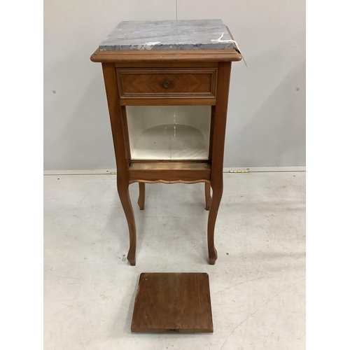 153 - A pair of French marble top walnut bedside cabinets, width 38cm, depth 38cm, height 85cm. Condition ... 