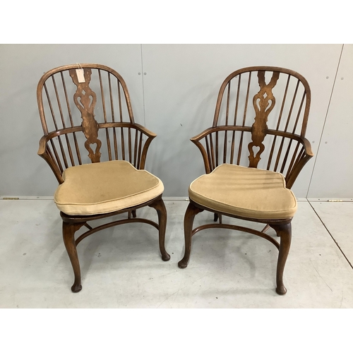 154 - A set of eight reproduction elm and beech Windsor cabriole leg chairs, two with arms. Condition - fa... 