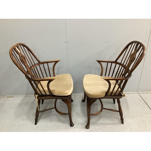 154 - A set of eight reproduction elm and beech Windsor cabriole leg chairs, two with arms. Condition - fa... 